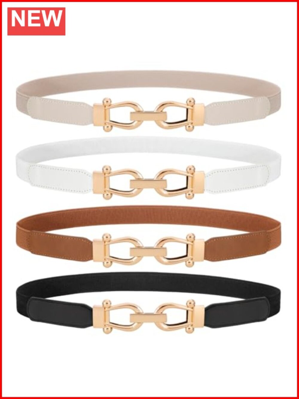 4 Pack Women's Skinny Elastic Waist Belt with Gold Alloy Buckle, Stretchy Thin